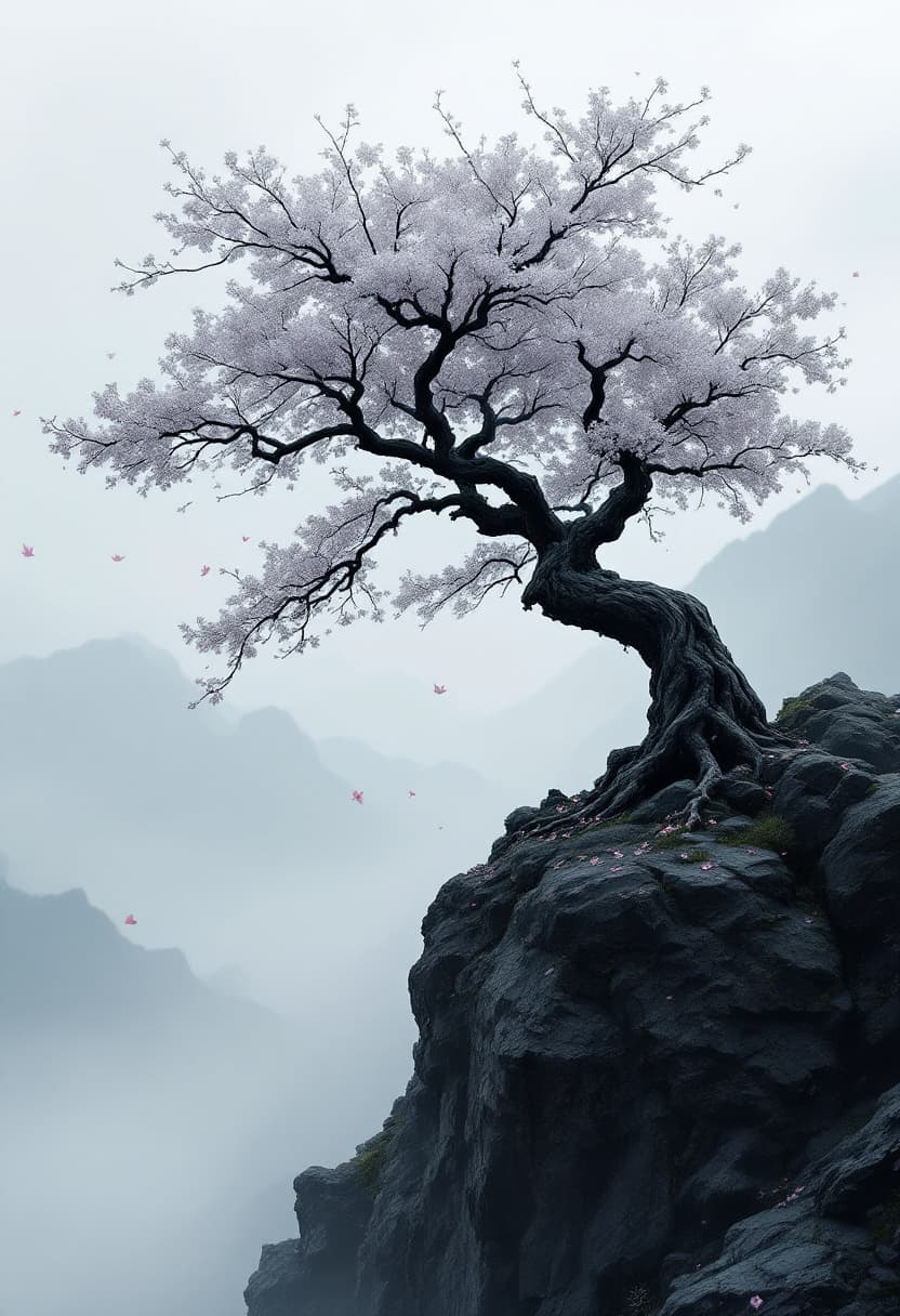 AI generated: A lone, ancient tree standing on a dark rocky cliff, its bark deep charcoal, twisted and textured wi...