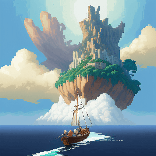 AI generated: 
16 bit pixel art, epic composition of a explorer in a boat reaching an island in the clouds, by stu...
