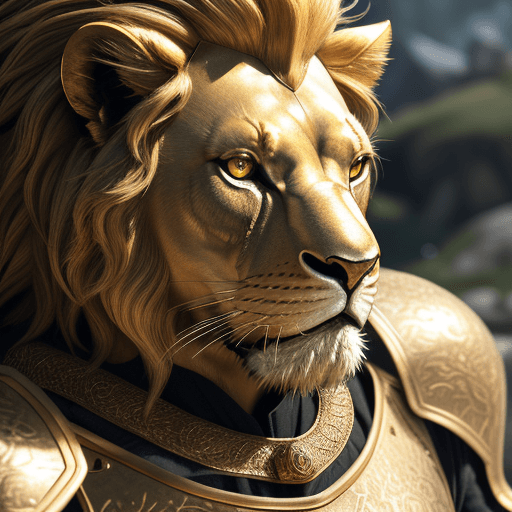 AI generated: gold lion in lanister armor, in the background of the kingdom, dragonstone eyes, close-up, 8k ultra ...