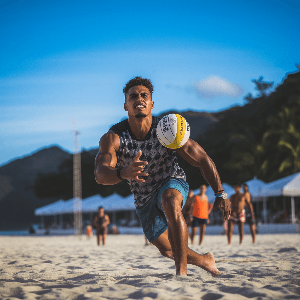 AI generated: Beach volleyball, with white sand, human players, net, and players, environment, EOS R5