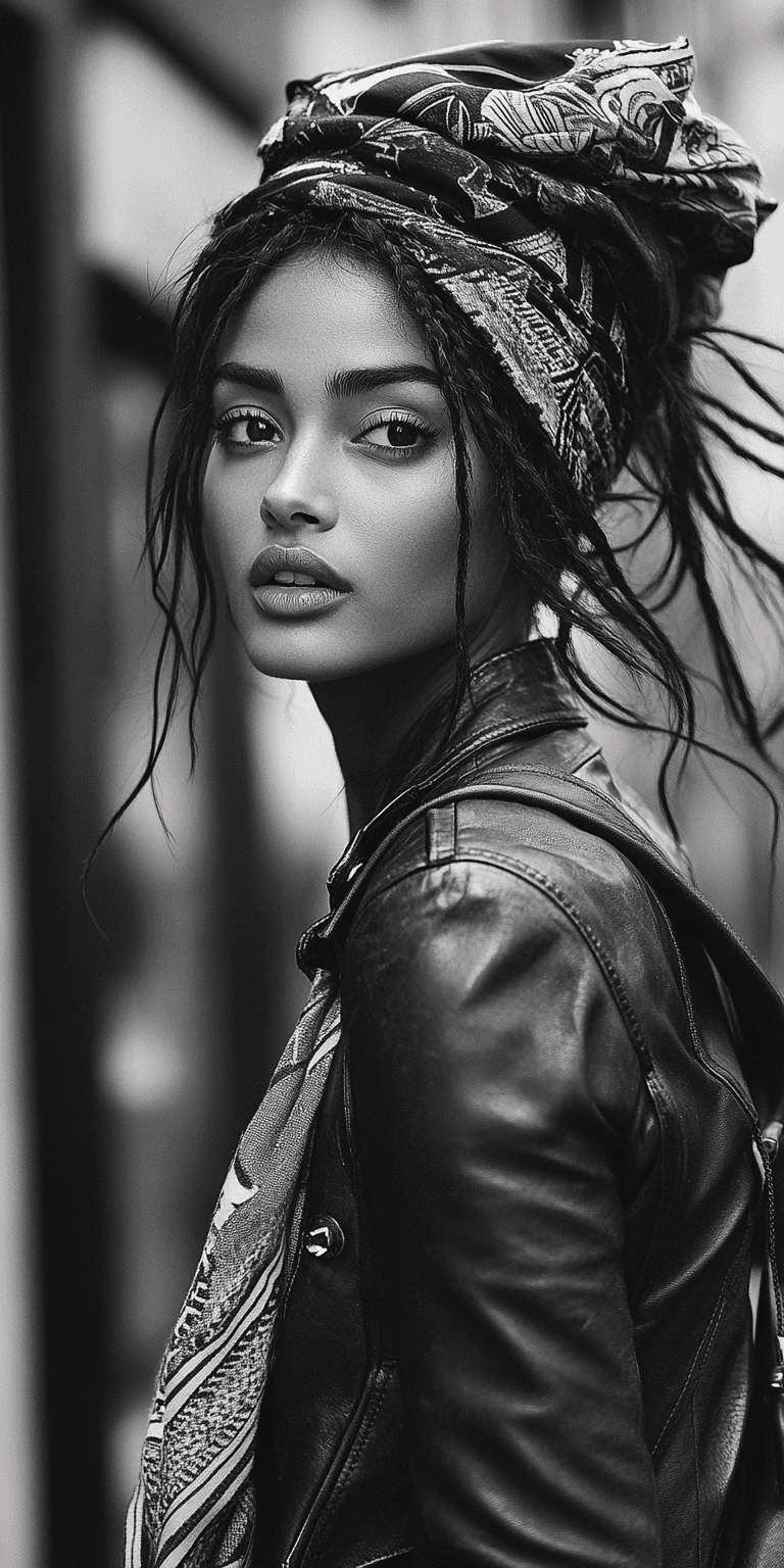 AI generated: Black and white street photography of an attractive woman in a leather jacket with a headscarf on th...