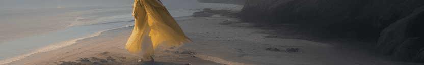AI generated: a woman wearing a loose yellow evening dress, long brunette hair held by one hand, barefoot, dress b...