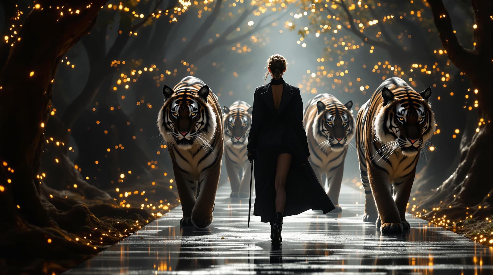 AI generated: catwalk,fashion model ,walking with huge felines black tigers on the sides,their clothings are in co...