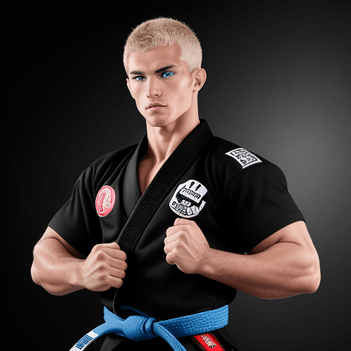 AI generated: A Brazilian Jiu-Jitsu black belt with black gi, bodybuilder, with white skin, blue eyes, short dark ...