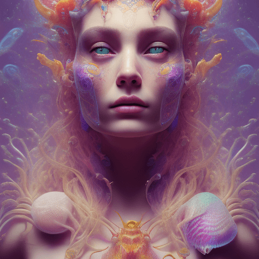 AI generated: Goddess close-up portrait ribcagel. jellyfish phoenix head, nautilus, orchid, skull, betta fish, bio...