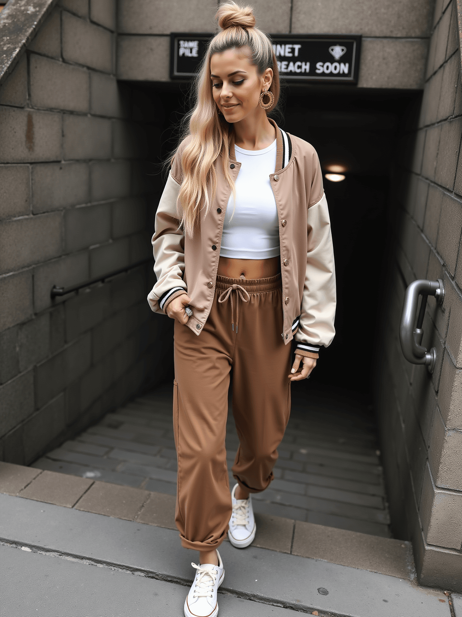 AI generated: Casual Cool in Brooklyn: A blonde woman with long, wavy hair in a half-up bun, wearing coffee-colore...