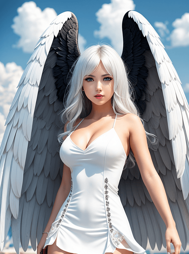 AI generated: an sexy teenage girl with wings, (slutty:1. 2), beautiful white hair, tanned skin, highly detailed p...