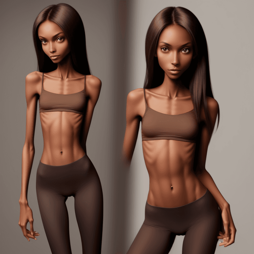 AI generated: extreme beautiful skinny brown skinned  slender face of skinny (almost anorexic) girl without a bra ...
