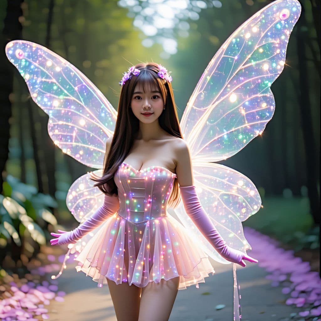 AI generated: art style Flora, transformation, fairy wings translucent , mini dress with corset straight A-line sk...