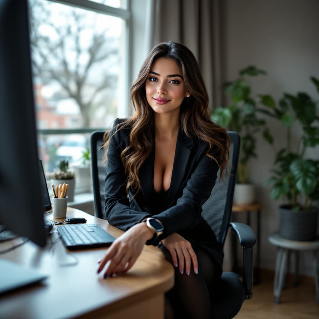 AI generated: A photorealistic image of a cheerful girl in office, portrait of a woman sitting on an office chair,...