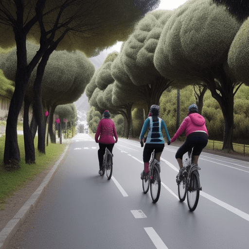 AI generated: ruta ciudadana arbolada con dos adultos mayores andando en bicicletas de montaña