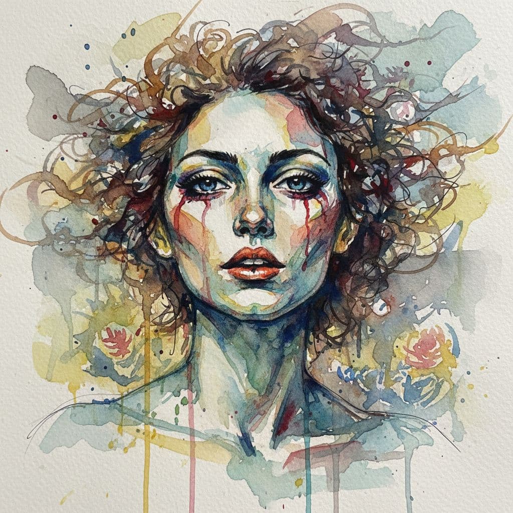 AI generated: Watercolor portrait of a woman, free brushwork --chaos 75 --ar 1:2 --style raw --profile rsy6uq9 --s...