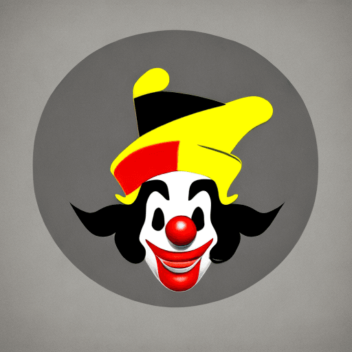 AI generated: minimalism logo clown jester in a jester's hat with three bells smiles sincere kind smile yellow and...