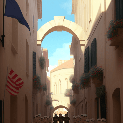 AI generated: creates a flat narrow alley with tall houses on the sides and an arch in the middle, with flags and ...