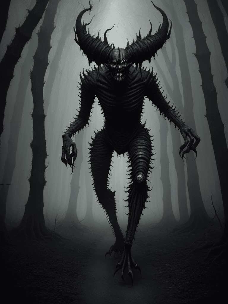 AI generated: nightmare creatures, in full body, walking through a gloomy forest
