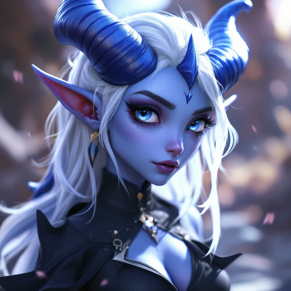 AI generated: Cute timid gorgeous Draenei from World of Warcraft, beautiful, light blue skin, blue eyes, short and...