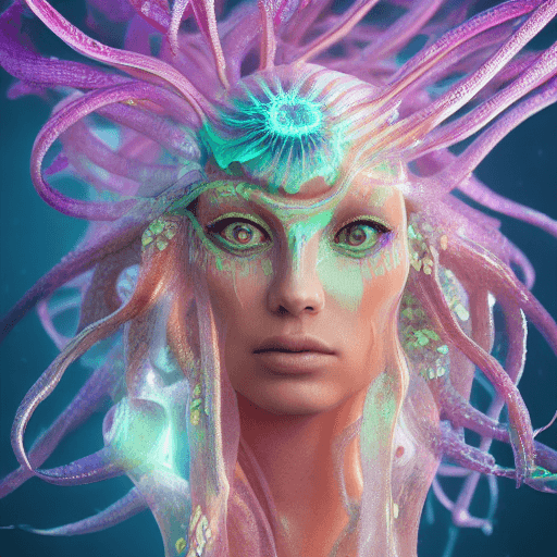 AI generated: Goddess close-up portrait ribcagel. jellyfish phoenix head, nautilus, orchid, skull, betta fish, bio...