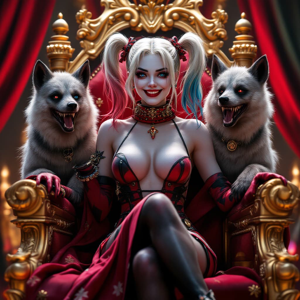 AI generated: A Full Body photo shot of new Harley Quinn, sitting on her throne chair, smile (happy), beauty, play...