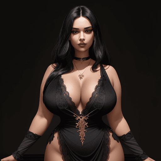 AI generated: A woman in a frontal pose with long, voluptuous body voluminous black hair, wearing a low-cut black ...