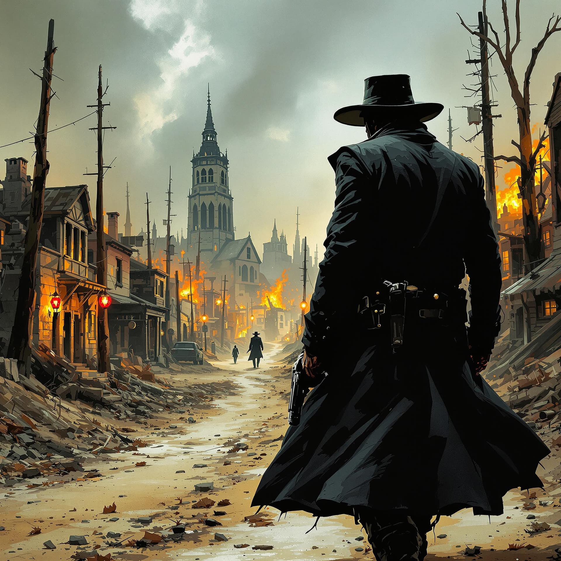 AI generated: Roland, the Gunslinger, approaching a dystopian town as in a Stephen King novel. His long coat is op...