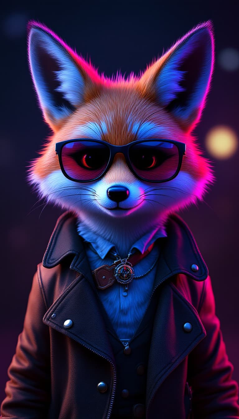 AI generated: portrait of a cartoon fox wearing sunglasses, in the style of vray tracing, neonpunk, photo-realisti...