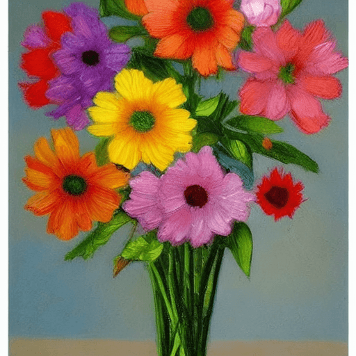 AI generated: colorful flowers arranged in a vase, resembling the style of a painting by the artist Sesane. The fl...
