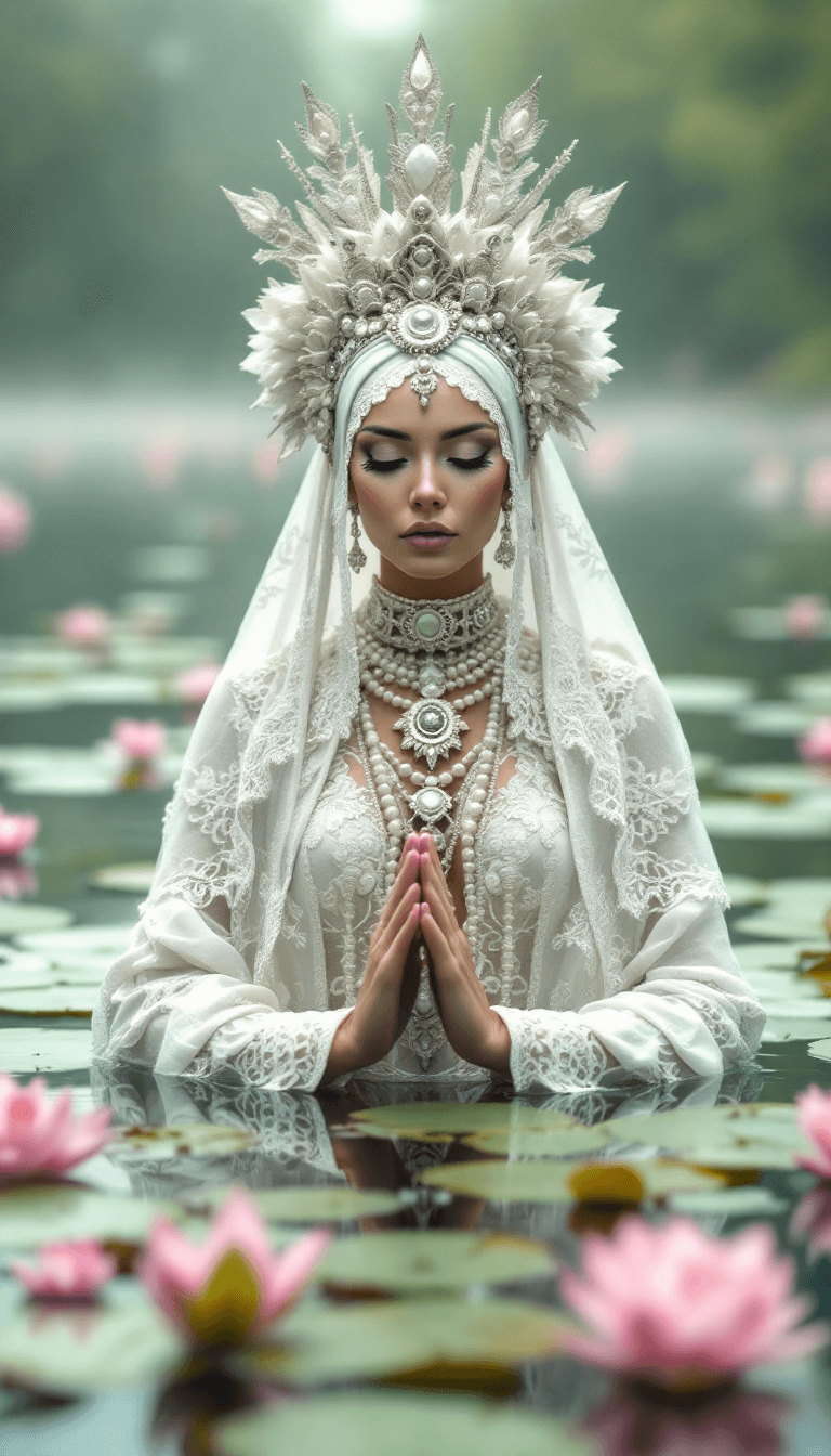 AI generated: A candid extreme closeup photo of an eccentric traditional Aztec queen meditating in a lake, white h...