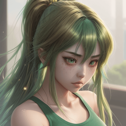 AI generated: girl with green hair highlights in tank top, long brown hair, in the style of hyper-realistic atmosp...