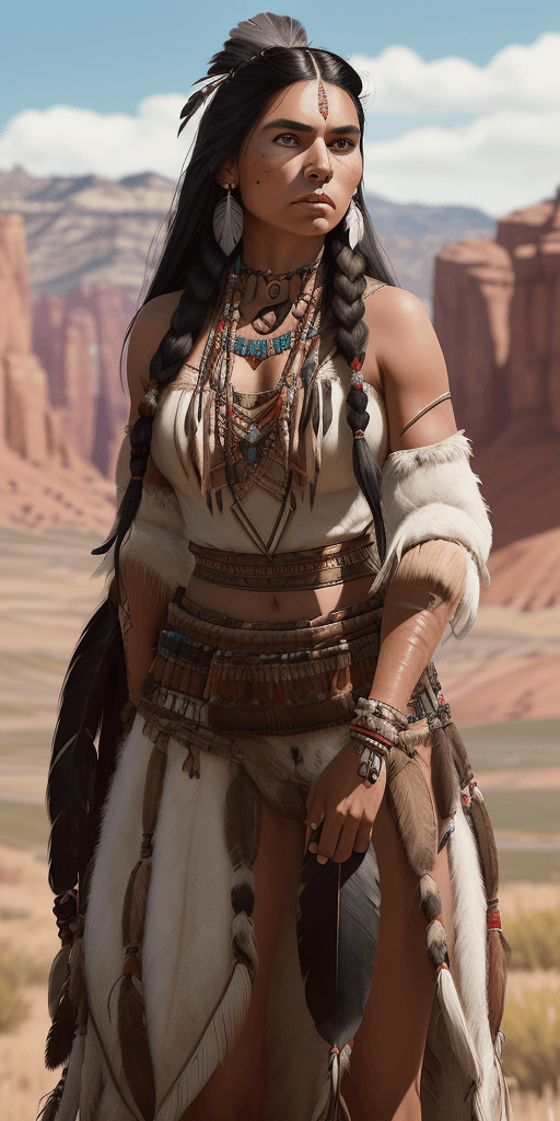 AI generated: portrait photograph of Marie Avgeroupolus  as Pocahontas, young beautiful native american woman, per...