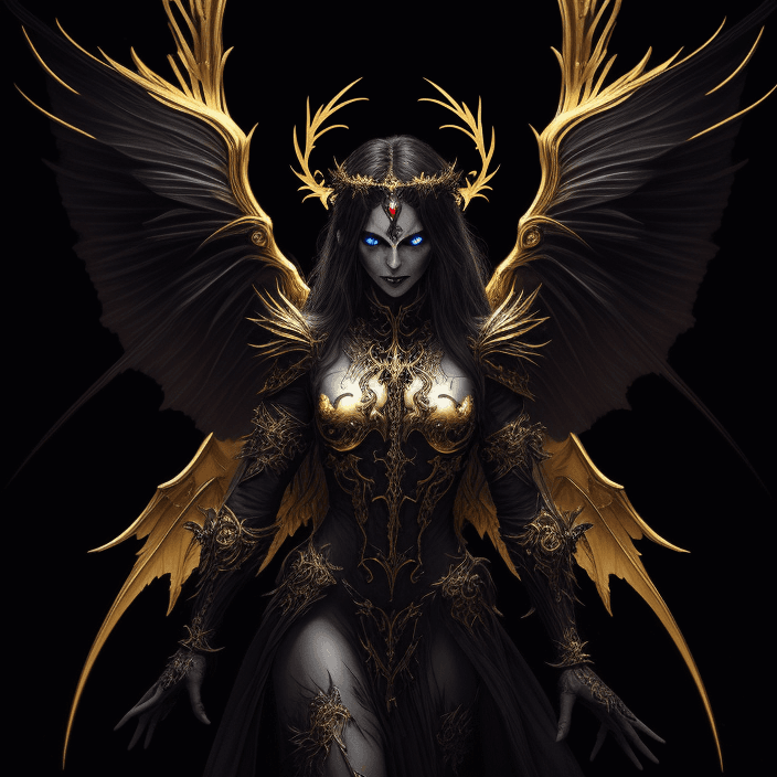 AI generated: The image features a fantasy-themed character with a demonic appearance, adorned with a halo and win...