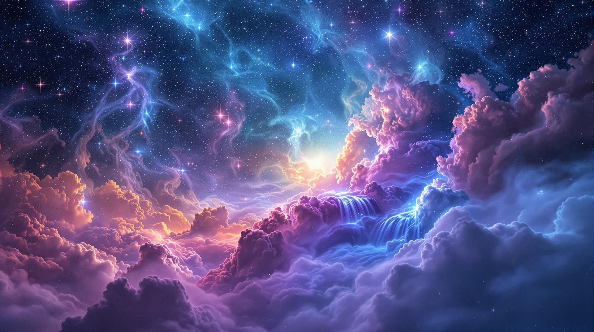 AI generated:    a waterfall landscape   in a close up view, made with nebulas the gaz,stars ,stars cluster, cloud...