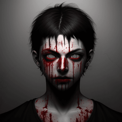 AI generated: blood, bloody, head with knives stuck in them, black blood colored eyes,12k boy
