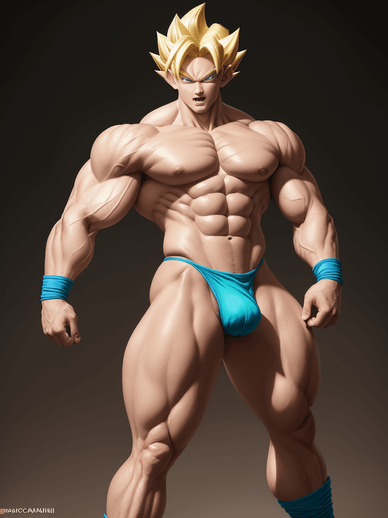 AI generated: Broli from Dragon Ball, caucasian complexion, big muscles and big thighs, lean waisr, handosme, tall...