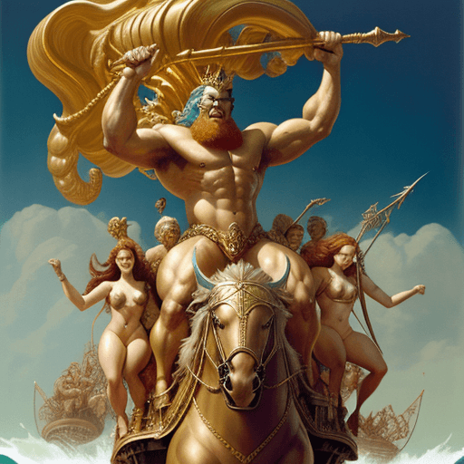AI generated: King Neptune riding into war on a gold chariot pulled by a team of seahorses brandishing trident mus...
