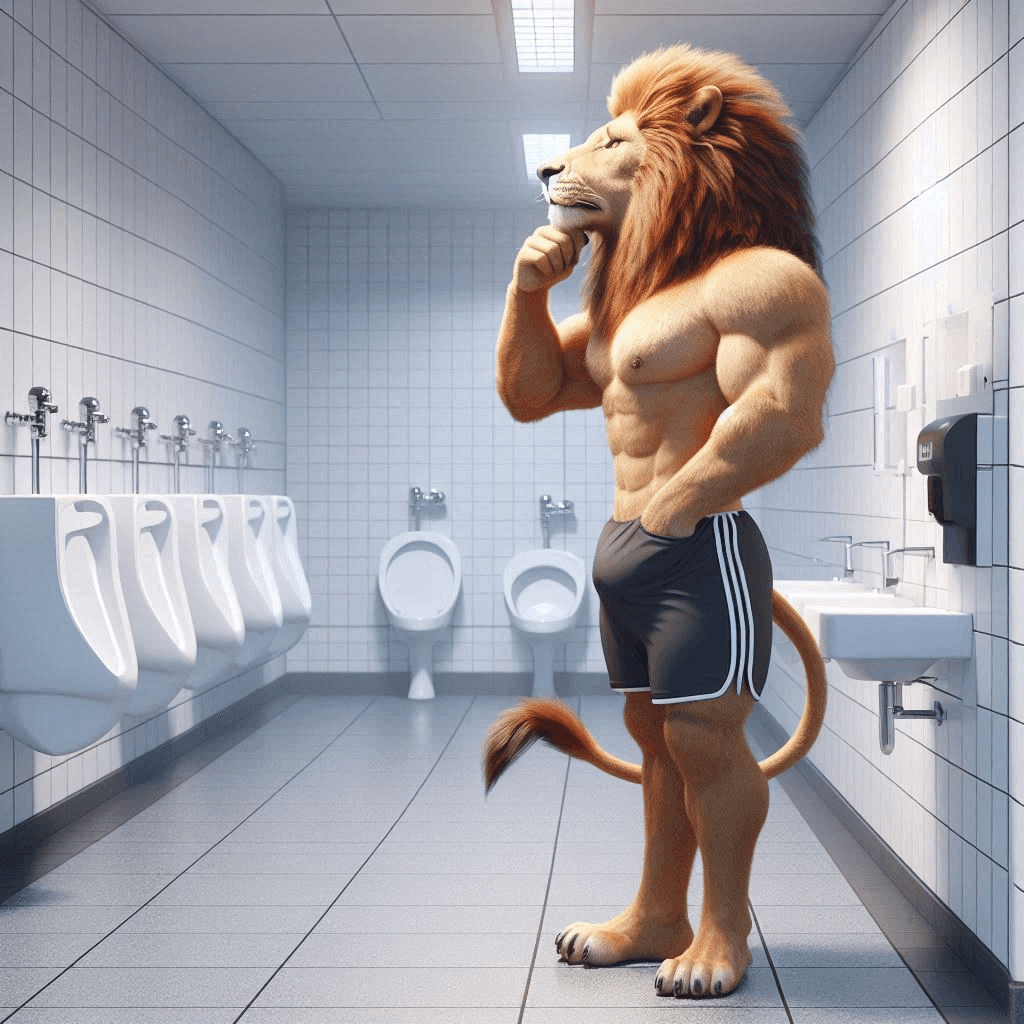 AI generated: 3D animation of a lion in gym shorts standing and using a restroom with a tile floor and tile walls,...
