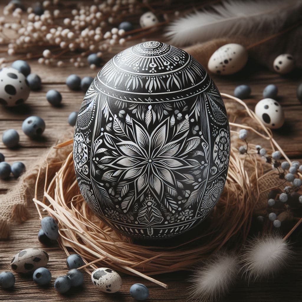 AI generated: Painted easter egg, monochromatic color, abstract patterns, european folk art