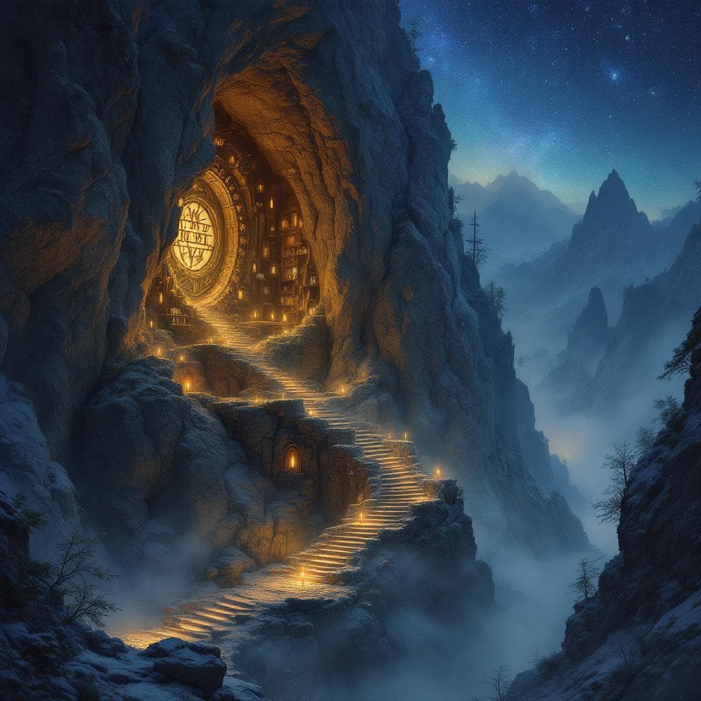 AI generated: A hidden library carved into the side of a mountain, glowing softly with enchanted runes, under a st...