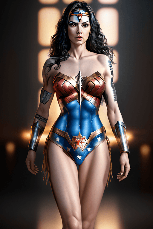 AI generated: israeli Wonder Woman, happy, tattoo, metal lingerie, (tattoos), (full length of body visible), looki...