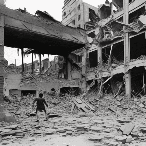 AI generated: Destroyed buildings, swing, people walk