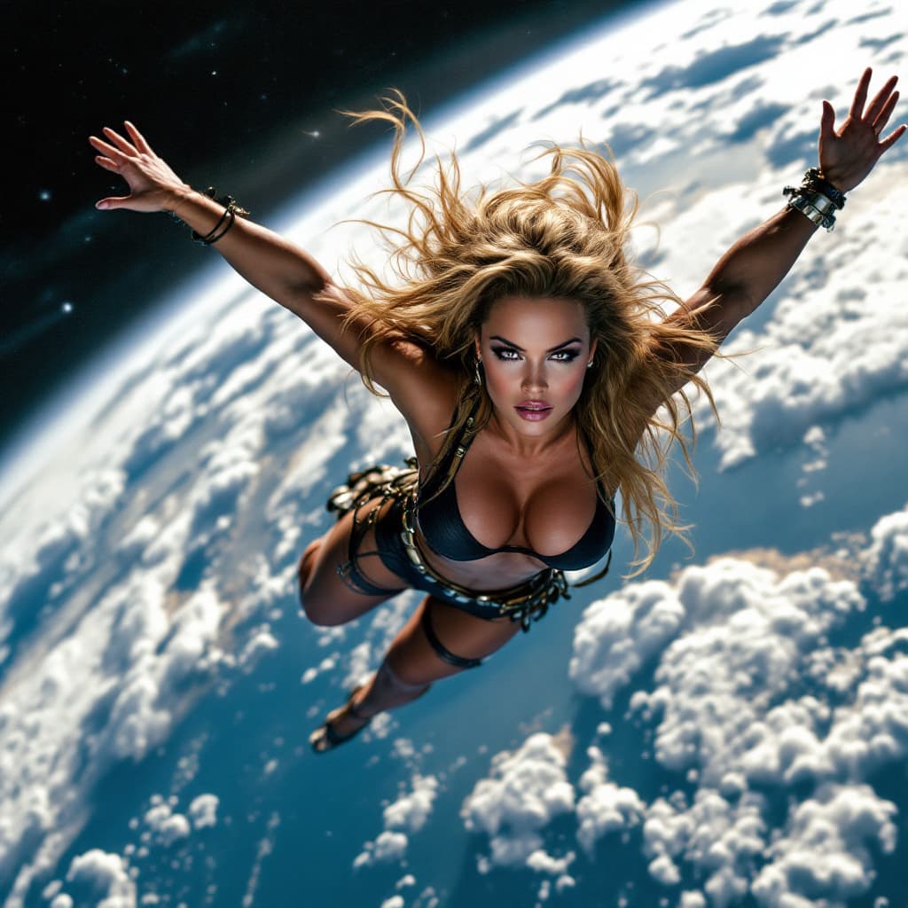 AI generated: Carmen Electra orbiting earth.