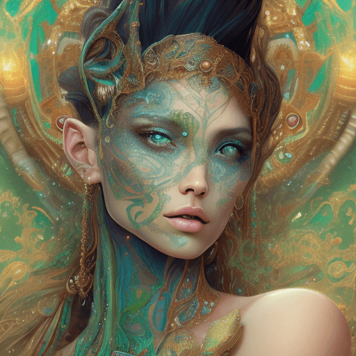 AI generated: Fantasy concept art. Close-up portrait. Woman with green eyes and face covered in tattoos and jewelr...