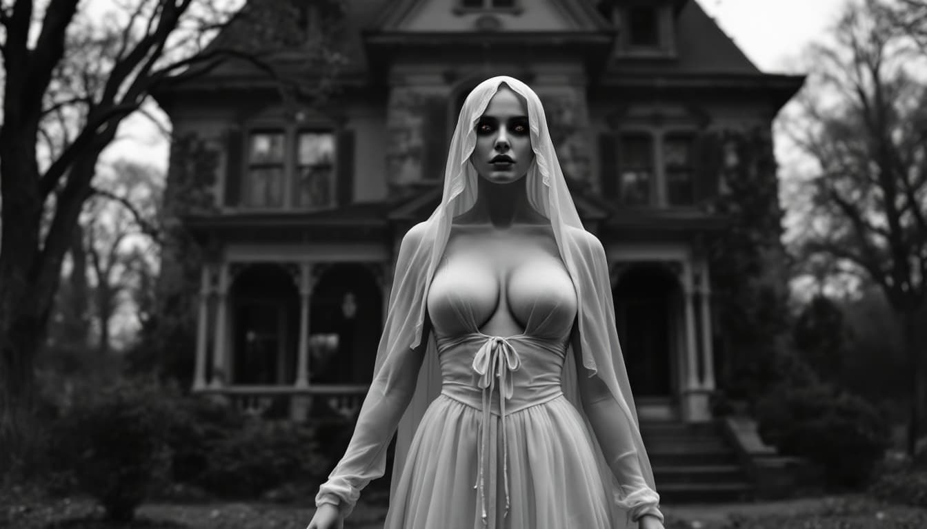 AI generated: HIGH DEFINITION - BLACK AND WHITE - camera shoots from distance -  A BEAUTIFUL GHOST WOMAN IN WHITE ...