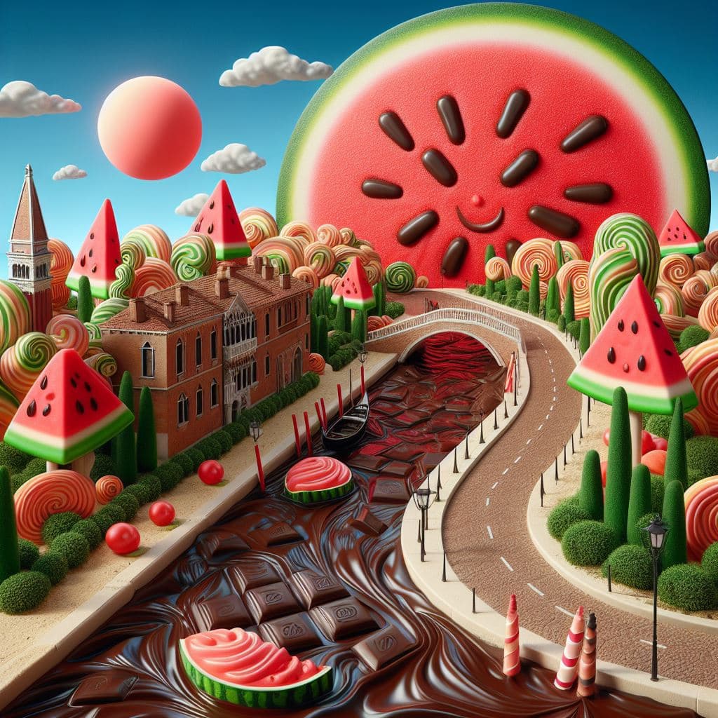AI generated: imagen realista de un paisaje de Venecia, estilo golosinas, el rio es de chocolate y en los bordes h...