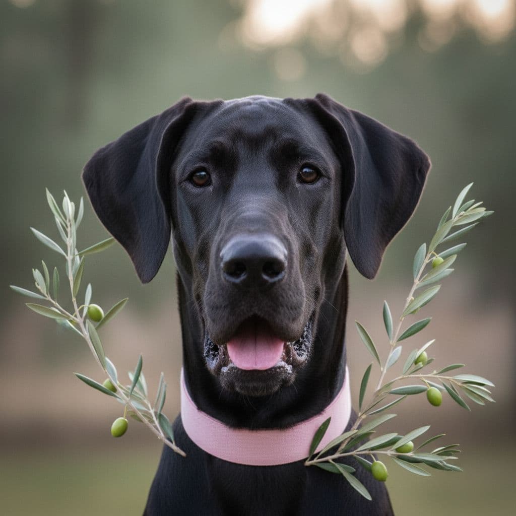 AI generated:  dog, black, Great Dane, younger, slender, floppy ears, pink collar, face only, mouth open slightly ...