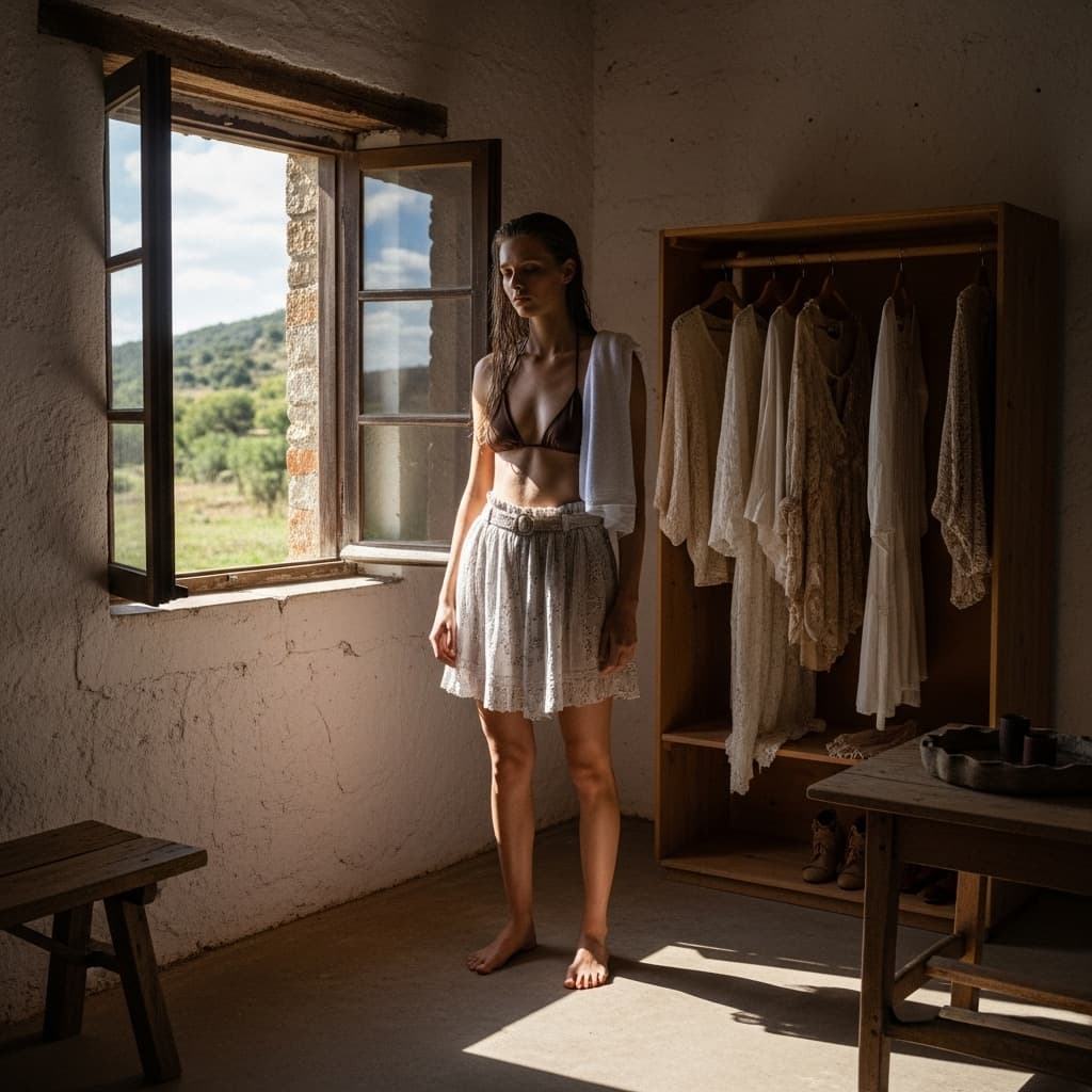 AI generated: A young woman with long wet hair stands in a rustic, sunlit room with rough white plaster walls and ...