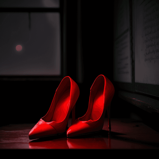 AI generated: In the dark and damp classroom, there is a pair of red high heels that stands out in the dim moonlig...