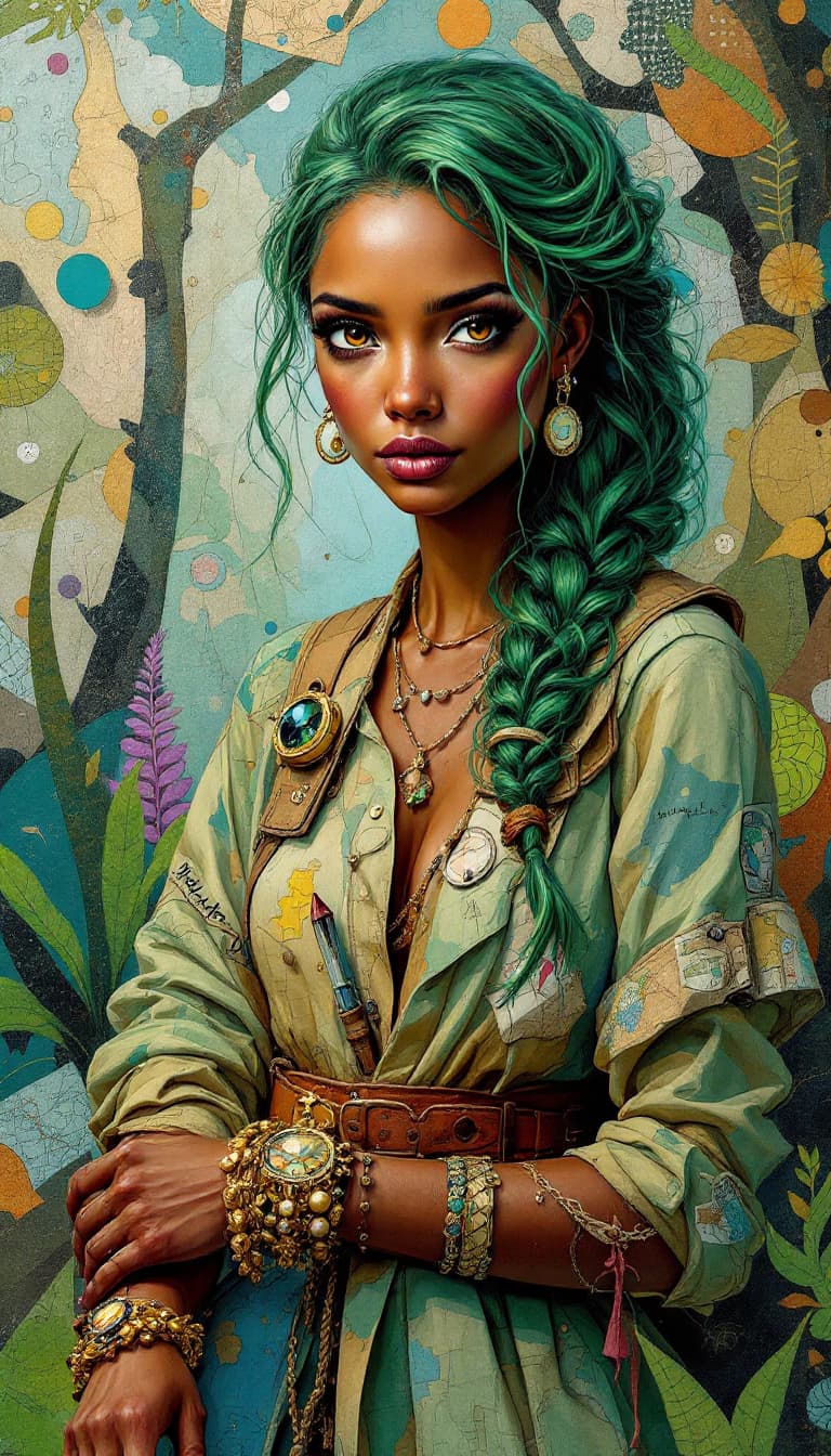 AI generated: "Emerald Cartographer in a Shifting Oasis": A captivating abstract painting portrays a cartographer,...