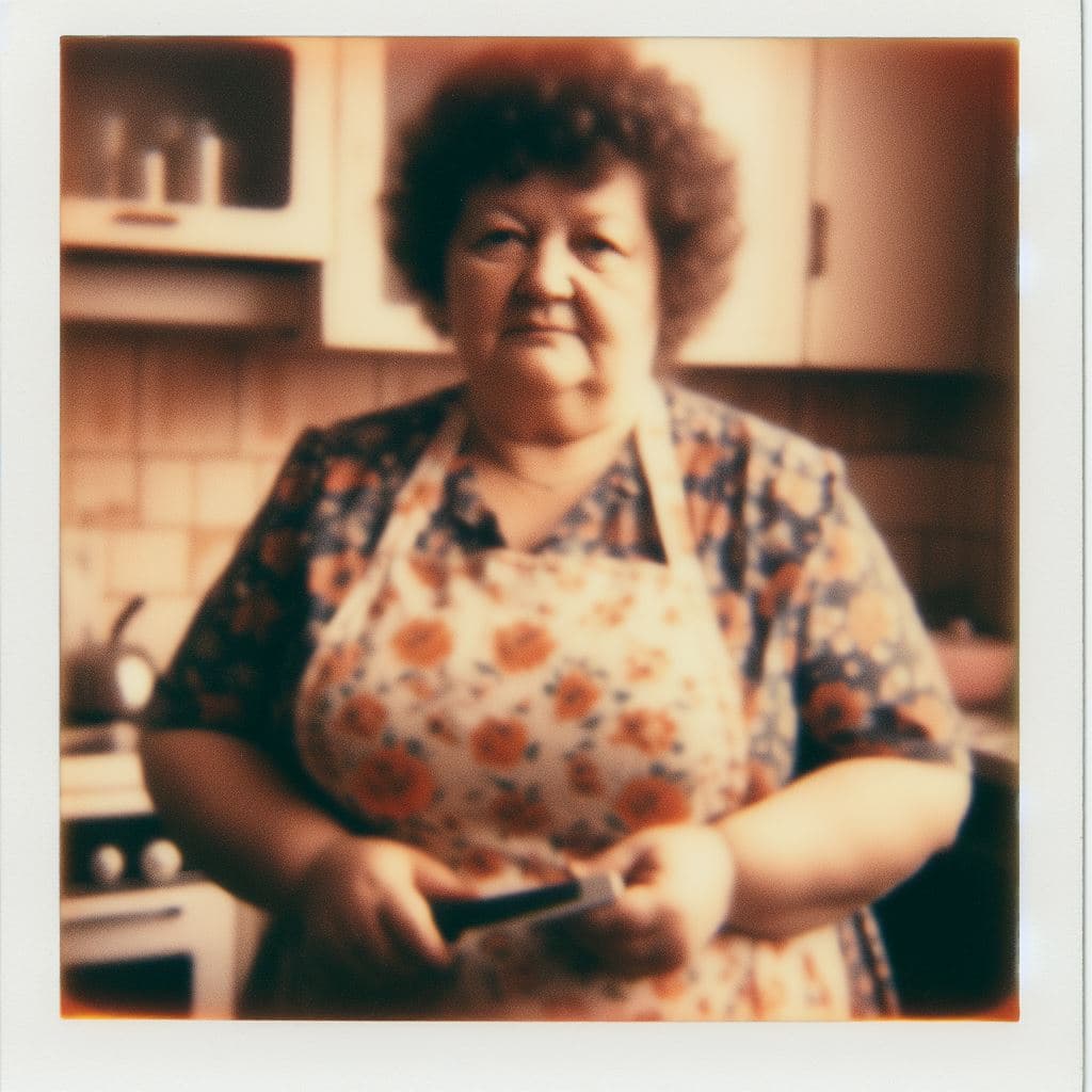 AI generated: A stout European housewife, approximately 45 years old, tending to her home. She wears a flower-patt...
