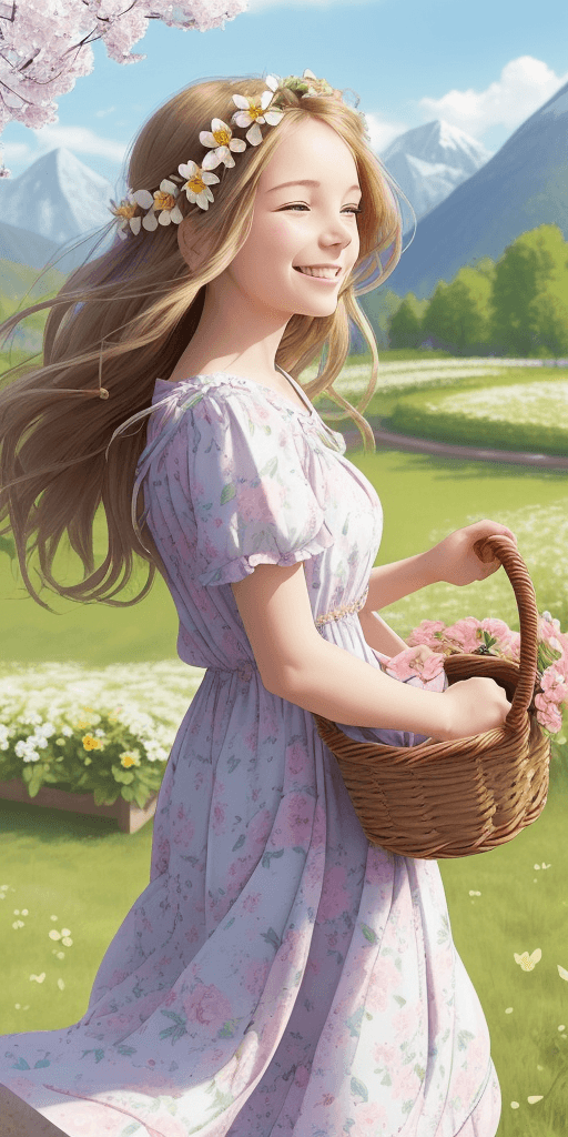 AI generated: Create an image of a girl in a spring park. The girl is wearing a bright, light dress with a floral ...