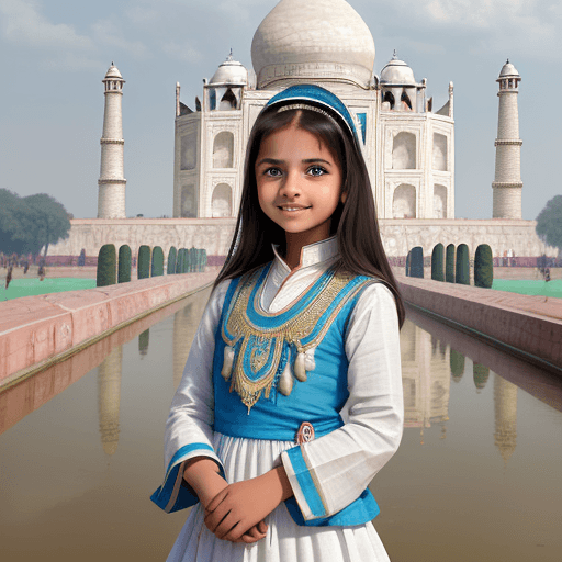 AI generated: pretty white caucasean girl, around 10 years old, blue eyes,  wearing traditional indian dress. in f...